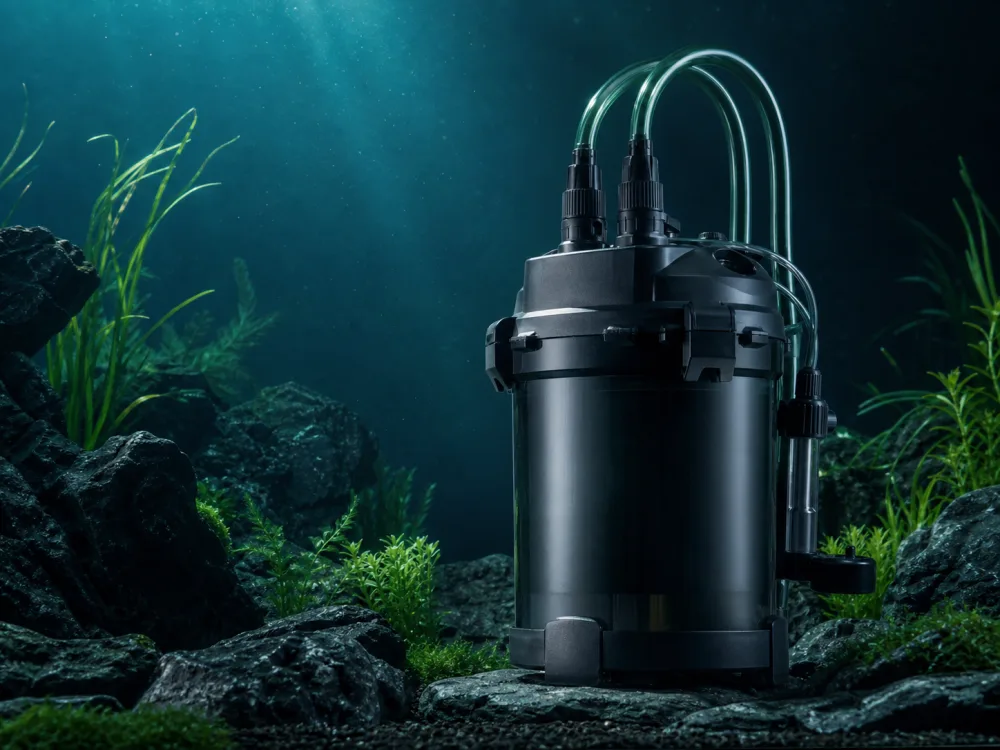 Filtro externo preto em cenário de aquário azul-petróleo