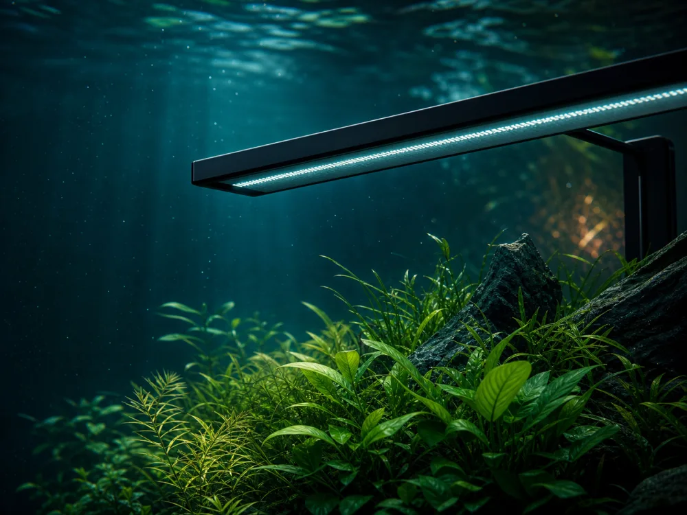 Luminária LED preta iluminando plantas aquáticas